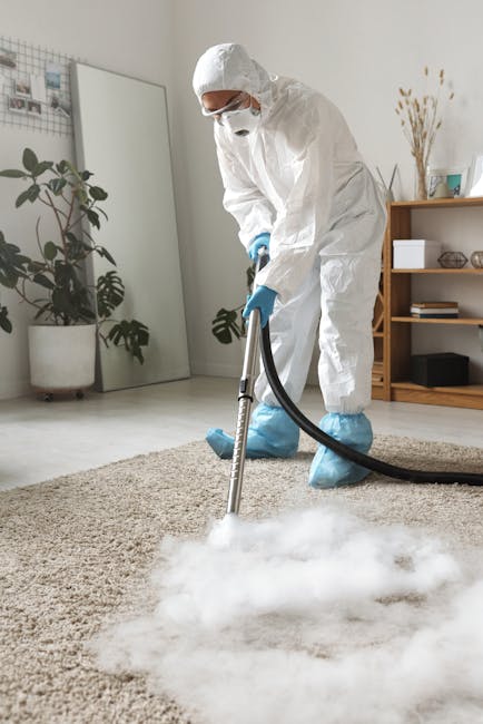 A professional cleaner dressed in full protective gear, including a white coverall, face mask, gloves, and shoe covers, is using a high-powered steam or vapor cleaning device on a beige carpet in a modern, well-lit living room. The room features a large potted plant, a full-length mirror, and a wooden shelf with decorative items and books. The surface appears clean and free of dirt or stains, demonstrating a thorough deep cleaning process aimed at sanitising and maintaining the hygiene of residential carpets, as offered by Merton Carpet Cleaning, situated in Wimbledon Village homes.