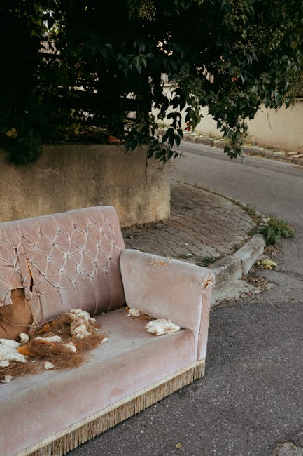 An orange upholstered armchair with a high backrest and carved wooden legs positioned on a brick pavement outside a building. Behind the chair, there are dense green bushes and a white park bench with