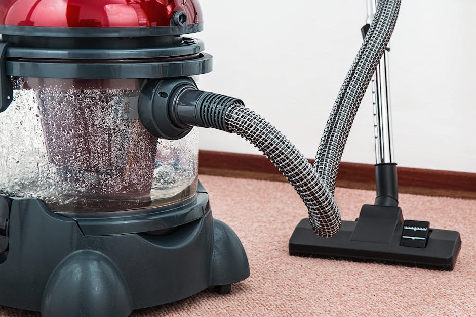 Two individuals are engaged in surface cleaning in a residential living room, unrolling a rolled-up carpet over a wooden floor. One person, wearing a red shirt and grey pants, is bent over, ensuring t